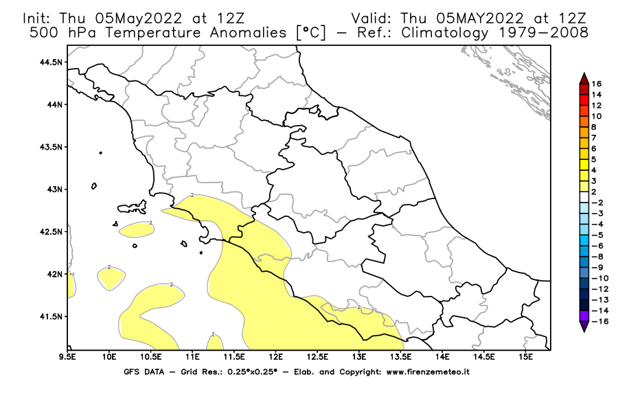 Mappa di analisi GFS - Anomalia Temperatura [°C] a 500 hPa in Centro-Italia
									del 05/05/2022 12 <!--googleoff: index-->UTC<!--googleon: index-->