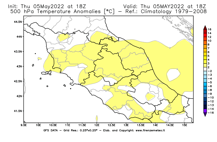 Mappa di analisi GFS - Anomalia Temperatura [°C] a 500 hPa in Centro-Italia
									del 05/05/2022 18 <!--googleoff: index-->UTC<!--googleon: index-->