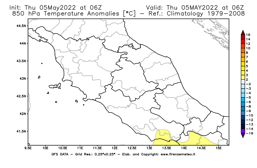 Mappa di analisi GFS - Anomalia Temperatura [°C] a 850 hPa in Centro-Italia
									del 05/05/2022 06 <!--googleoff: index-->UTC<!--googleon: index-->