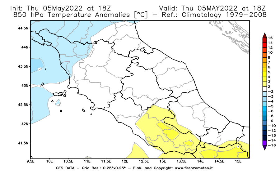 Mappa di analisi GFS - Anomalia Temperatura [°C] a 850 hPa in Centro-Italia
									del 05/05/2022 18 <!--googleoff: index-->UTC<!--googleon: index-->