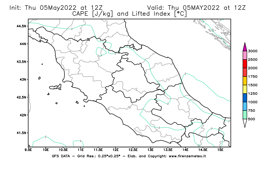 Mappa di analisi GFS - CAPE [J/kg] e Lifted Index [°C] in Centro-Italia
									del 05/05/2022 12 <!--googleoff: index-->UTC<!--googleon: index-->