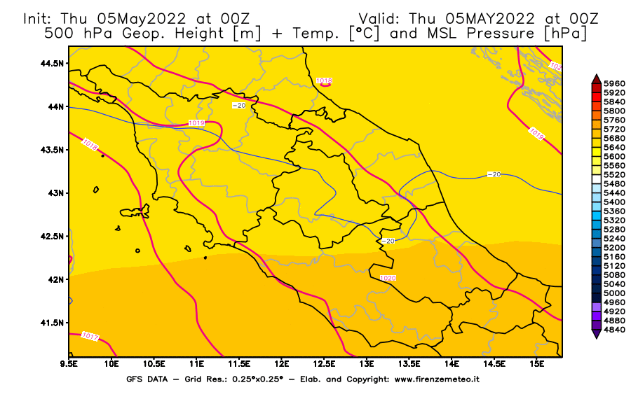 Mappa di analisi GFS - Geopotenziale [m] + Temp. [°C] a 500 hPa + Press. a livello del mare [hPa] in Centro-Italia
									del 05/05/2022 00 <!--googleoff: index-->UTC<!--googleon: index-->