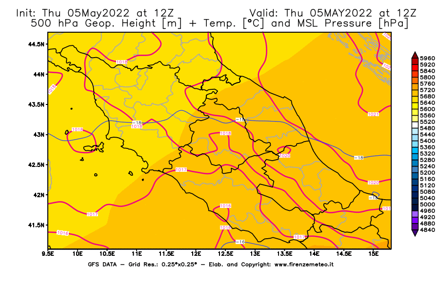 Mappa di analisi GFS - Geopotenziale [m] + Temp. [°C] a 500 hPa + Press. a livello del mare [hPa] in Centro-Italia
									del 05/05/2022 12 <!--googleoff: index-->UTC<!--googleon: index-->