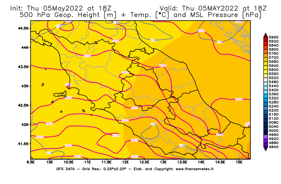 Mappa di analisi GFS - Geopotenziale [m] + Temp. [°C] a 500 hPa + Press. a livello del mare [hPa] in Centro-Italia
									del 05/05/2022 18 <!--googleoff: index-->UTC<!--googleon: index-->