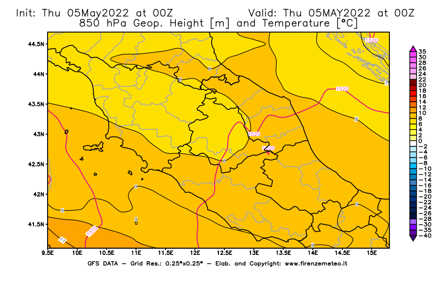 Mappa di analisi GFS - Geopotenziale [m] e Temperatura [°C] a 850 hPa in Centro-Italia
									del 05/05/2022 00 <!--googleoff: index-->UTC<!--googleon: index-->