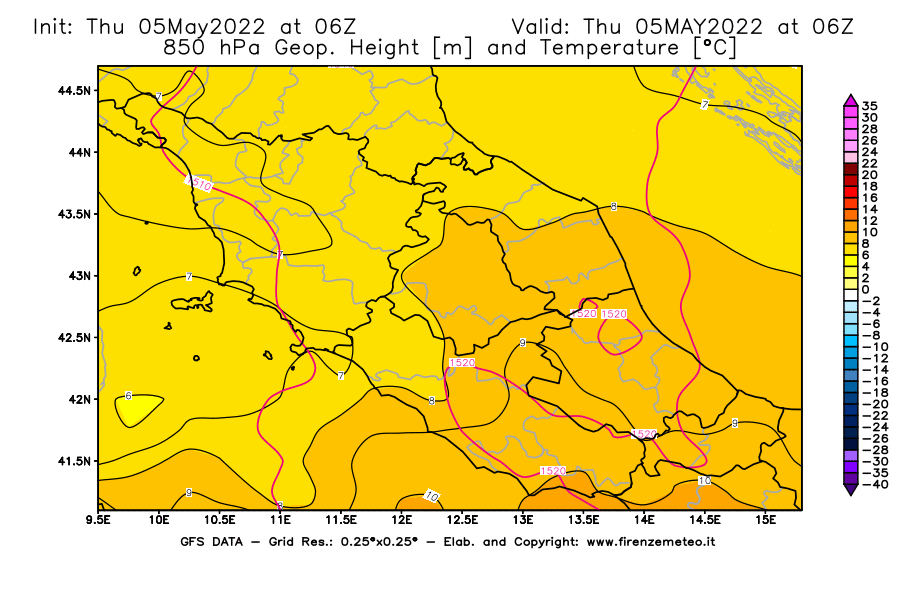 Mappa di analisi GFS - Geopotenziale [m] e Temperatura [°C] a 850 hPa in Centro-Italia
									del 05/05/2022 06 <!--googleoff: index-->UTC<!--googleon: index-->
