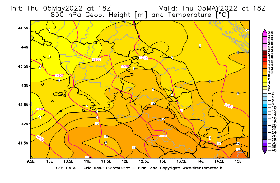 Mappa di analisi GFS - Geopotenziale [m] e Temperatura [°C] a 850 hPa in Centro-Italia
									del 05/05/2022 18 <!--googleoff: index-->UTC<!--googleon: index-->