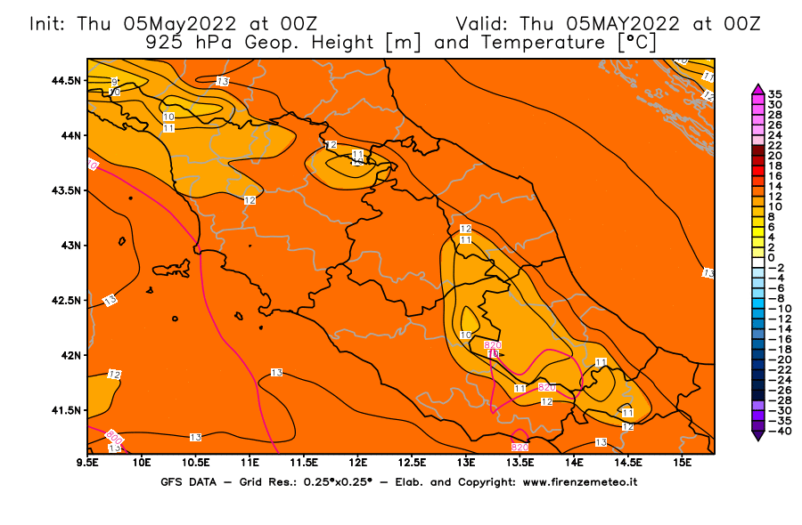 Mappa di analisi GFS - Geopotenziale [m] e Temperatura [°C] a 925 hPa in Centro-Italia
									del 05/05/2022 00 <!--googleoff: index-->UTC<!--googleon: index-->