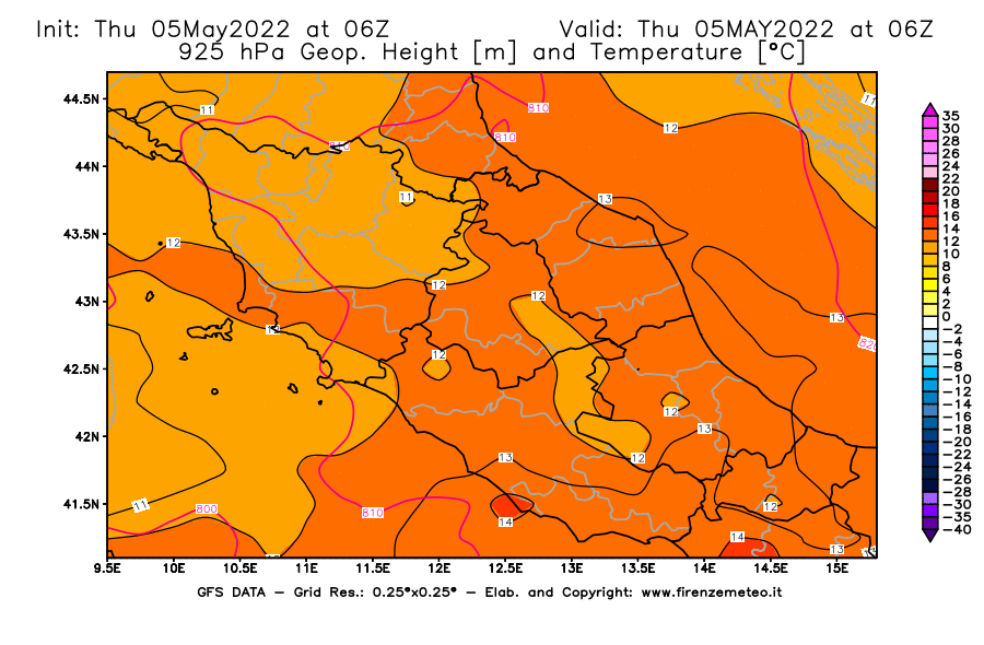 Mappa di analisi GFS - Geopotenziale [m] e Temperatura [°C] a 925 hPa in Centro-Italia
									del 05/05/2022 06 <!--googleoff: index-->UTC<!--googleon: index-->
