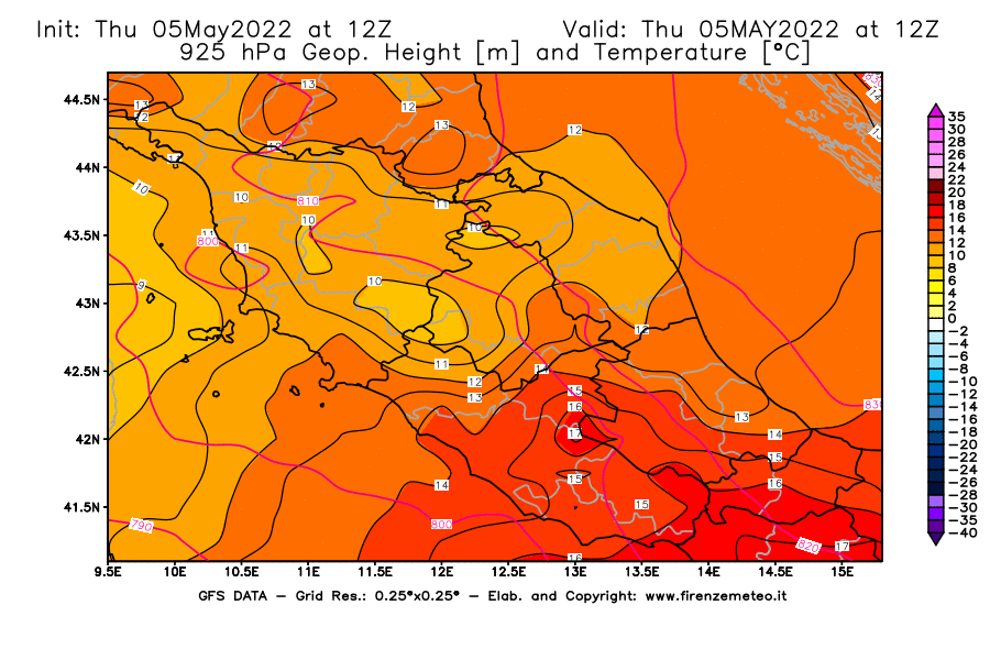 Mappa di analisi GFS - Geopotenziale [m] e Temperatura [°C] a 925 hPa in Centro-Italia
									del 05/05/2022 12 <!--googleoff: index-->UTC<!--googleon: index-->
