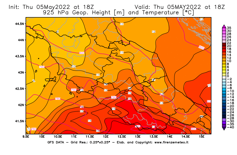 Mappa di analisi GFS - Geopotenziale [m] e Temperatura [°C] a 925 hPa in Centro-Italia
									del 05/05/2022 18 <!--googleoff: index-->UTC<!--googleon: index-->