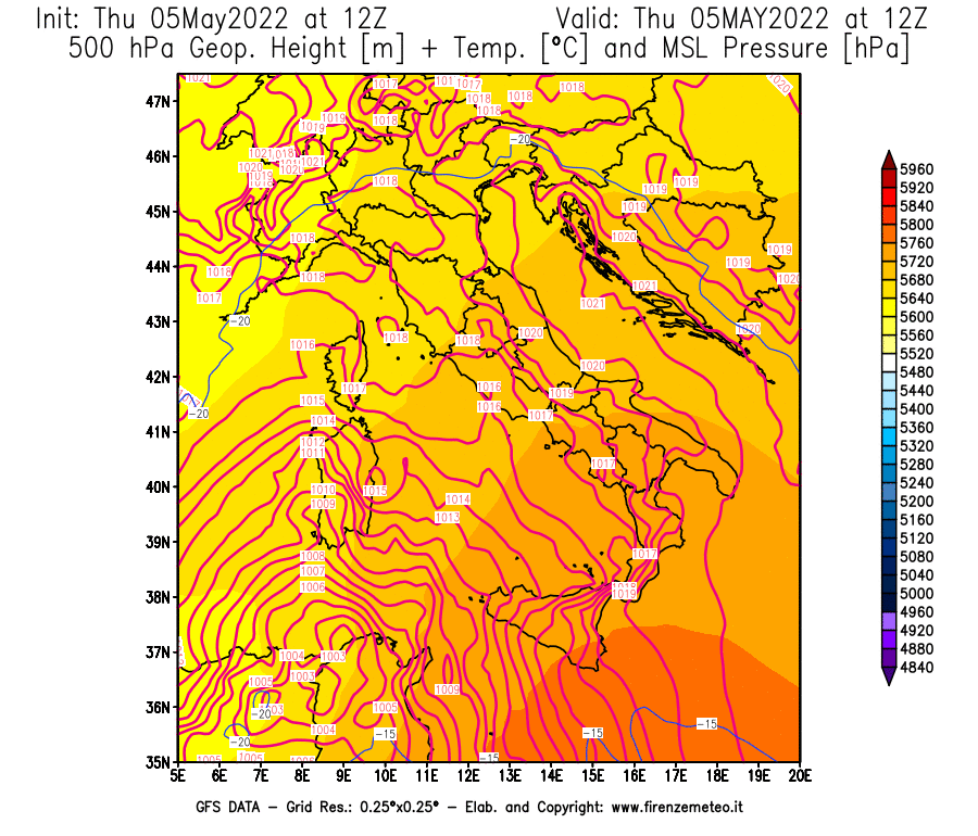 Mappa di analisi GFS - Geopotenziale [m] + Temp. [°C] a 500 hPa + Press. a livello del mare [hPa] in Italia
									del 05/05/2022 12 <!--googleoff: index-->UTC<!--googleon: index-->