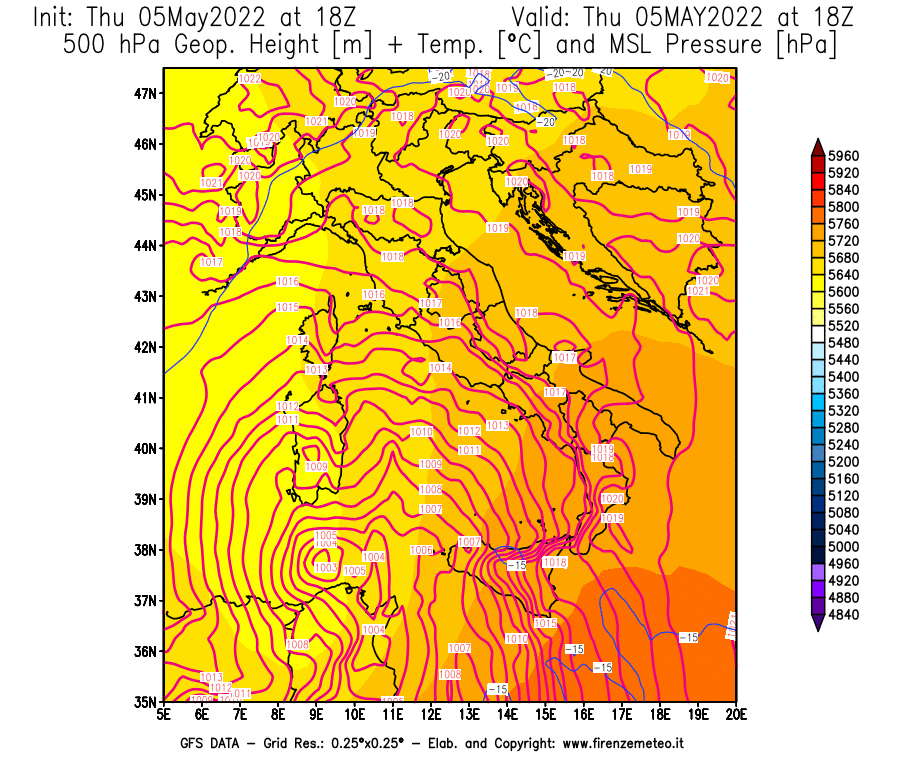 Mappa di analisi GFS - Geopotenziale [m] + Temp. [°C] a 500 hPa + Press. a livello del mare [hPa] in Italia
									del 05/05/2022 18 <!--googleoff: index-->UTC<!--googleon: index-->