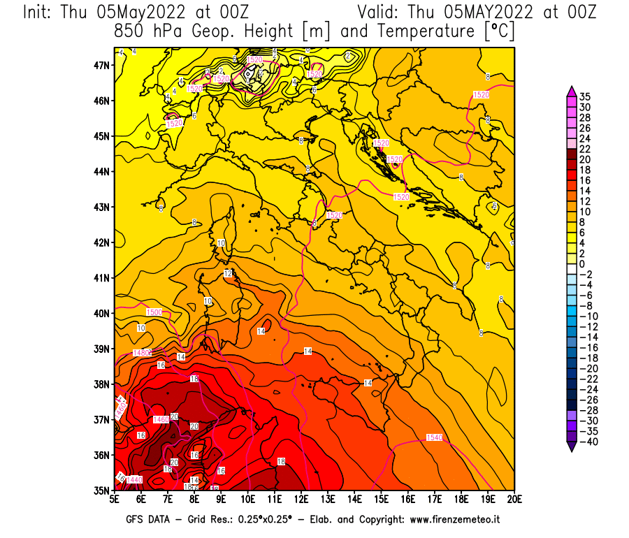 Mappa di analisi GFS - Geopotenziale [m] e Temperatura [°C] a 850 hPa in Italia
									del 05/05/2022 00 <!--googleoff: index-->UTC<!--googleon: index-->
