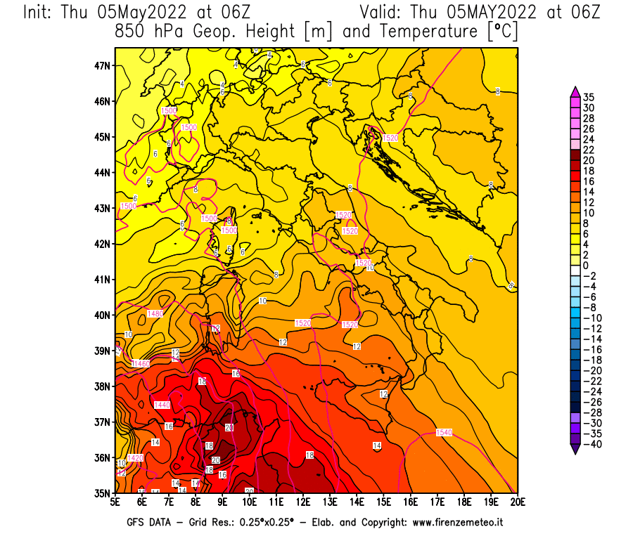 Mappa di analisi GFS - Geopotenziale [m] e Temperatura [°C] a 850 hPa in Italia
									del 05/05/2022 06 <!--googleoff: index-->UTC<!--googleon: index-->