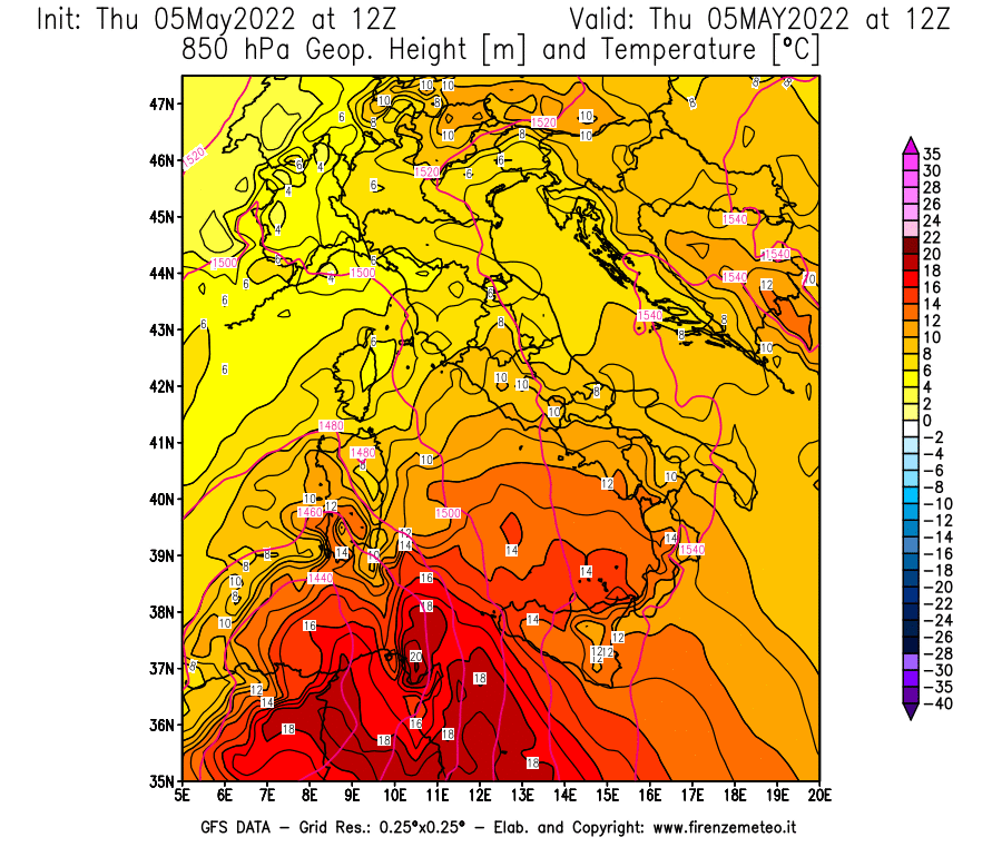 Mappa di analisi GFS - Geopotenziale [m] e Temperatura [°C] a 850 hPa in Italia
									del 05/05/2022 12 <!--googleoff: index-->UTC<!--googleon: index-->
