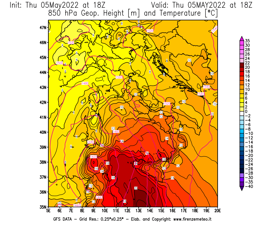 Mappa di analisi GFS - Geopotenziale [m] e Temperatura [°C] a 850 hPa in Italia
									del 05/05/2022 18 <!--googleoff: index-->UTC<!--googleon: index-->