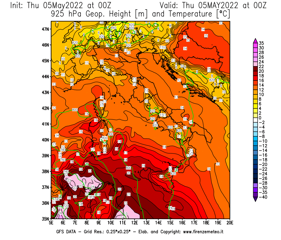 Mappa di analisi GFS - Geopotenziale [m] e Temperatura [°C] a 925 hPa in Italia
									del 05/05/2022 00 <!--googleoff: index-->UTC<!--googleon: index-->