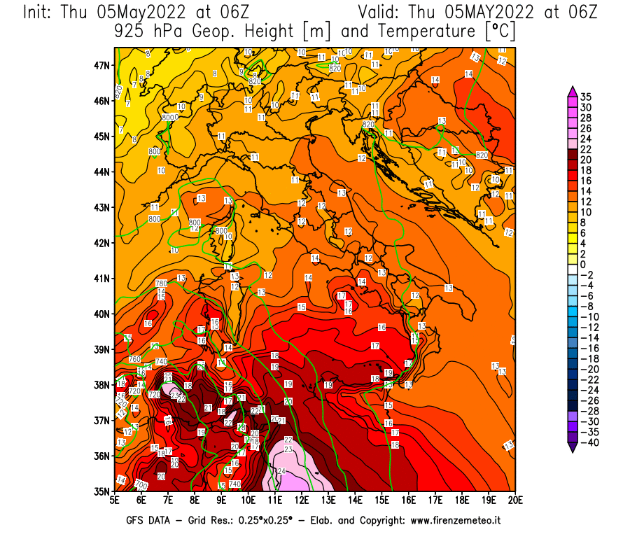 Mappa di analisi GFS - Geopotenziale [m] e Temperatura [°C] a 925 hPa in Italia
									del 05/05/2022 06 <!--googleoff: index-->UTC<!--googleon: index-->