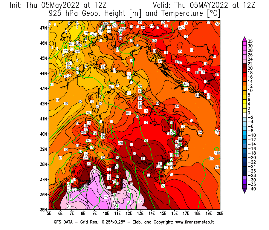 Mappa di analisi GFS - Geopotenziale [m] e Temperatura [°C] a 925 hPa in Italia
									del 05/05/2022 12 <!--googleoff: index-->UTC<!--googleon: index-->