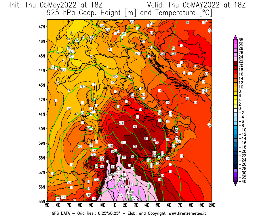 Mappa di analisi GFS - Geopotenziale [m] e Temperatura [°C] a 925 hPa in Italia
									del 05/05/2022 18 <!--googleoff: index-->UTC<!--googleon: index-->