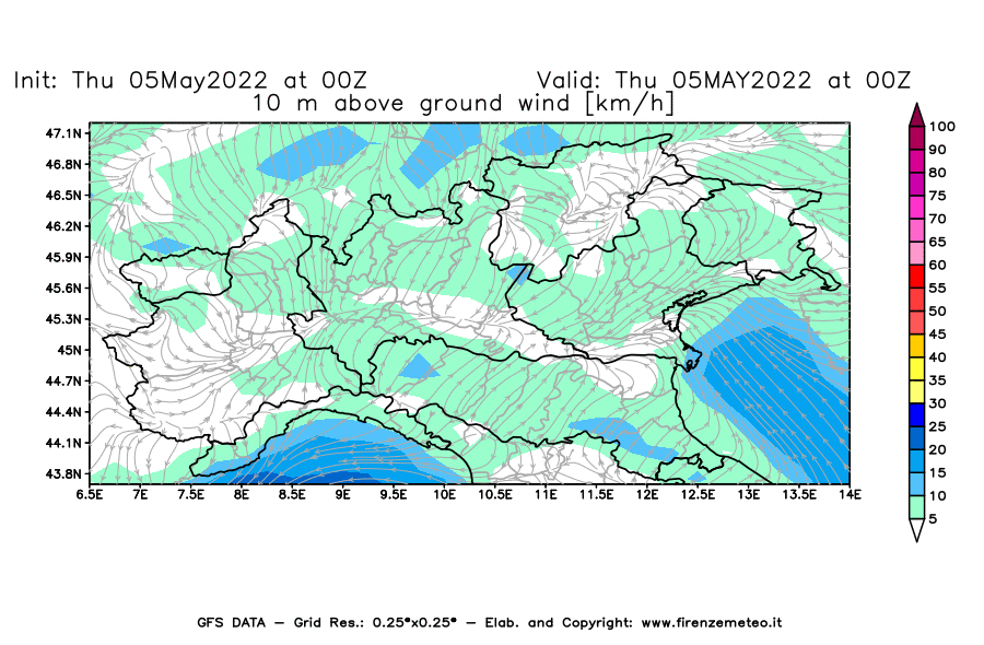 Mappa di analisi GFS - Velocità del vento a 10 metri dal suolo [km/h] in Nord-Italia
									del 05/05/2022 00 <!--googleoff: index-->UTC<!--googleon: index-->