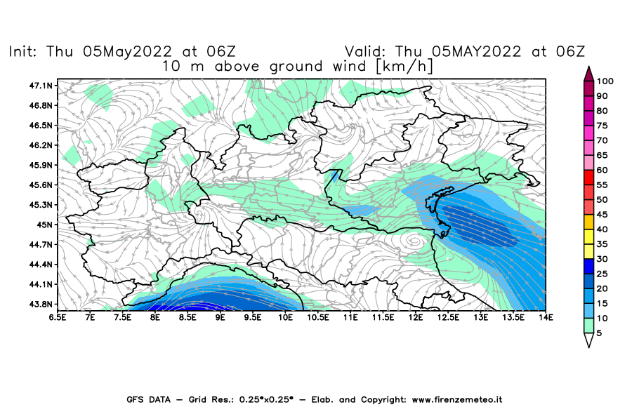 Mappa di analisi GFS - Velocità del vento a 10 metri dal suolo [km/h] in Nord-Italia
									del 05/05/2022 06 <!--googleoff: index-->UTC<!--googleon: index-->