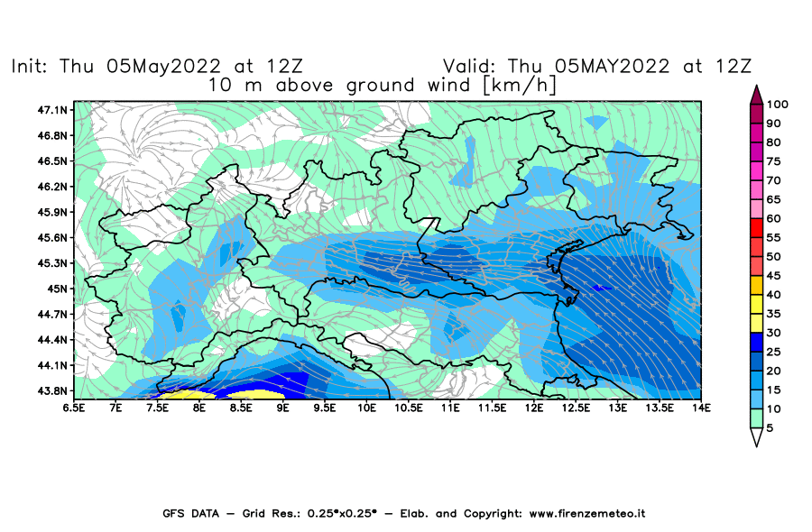 Mappa di analisi GFS - Velocità del vento a 10 metri dal suolo [km/h] in Nord-Italia
									del 05/05/2022 12 <!--googleoff: index-->UTC<!--googleon: index-->