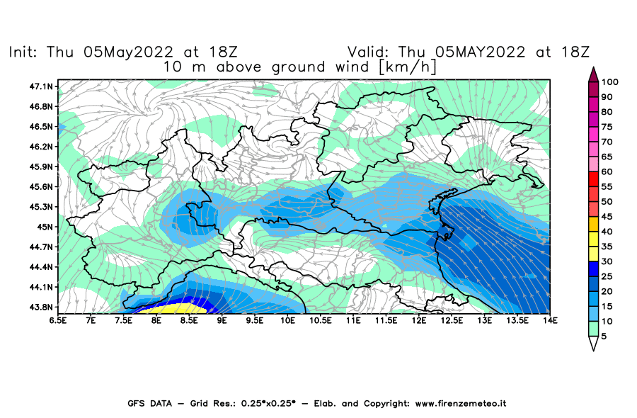 Mappa di analisi GFS - Velocità del vento a 10 metri dal suolo [km/h] in Nord-Italia
									del 05/05/2022 18 <!--googleoff: index-->UTC<!--googleon: index-->