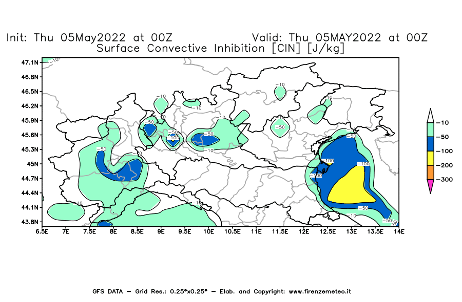 Mappa di analisi GFS - CIN [J/kg] in Nord-Italia
									del 05/05/2022 00 <!--googleoff: index-->UTC<!--googleon: index-->
