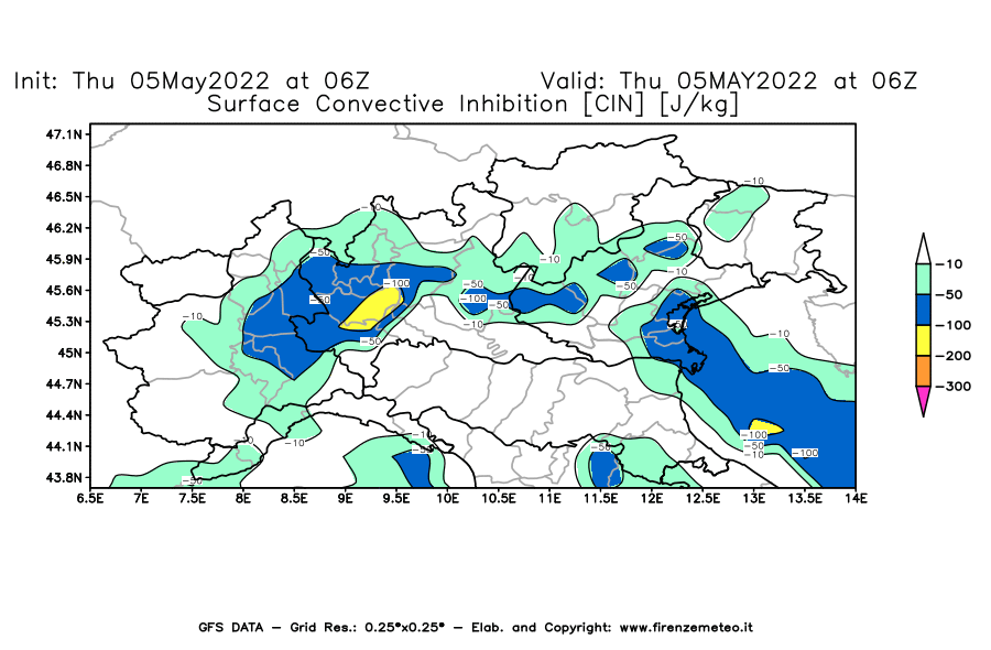 Mappa di analisi GFS - CIN [J/kg] in Nord-Italia
									del 05/05/2022 06 <!--googleoff: index-->UTC<!--googleon: index-->