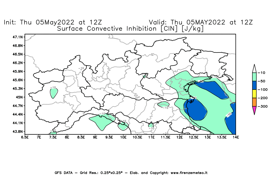 Mappa di analisi GFS - CIN [J/kg] in Nord-Italia
									del 05/05/2022 12 <!--googleoff: index-->UTC<!--googleon: index-->