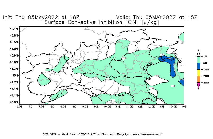 Mappa di analisi GFS - CIN [J/kg] in Nord-Italia
									del 05/05/2022 18 <!--googleoff: index-->UTC<!--googleon: index-->