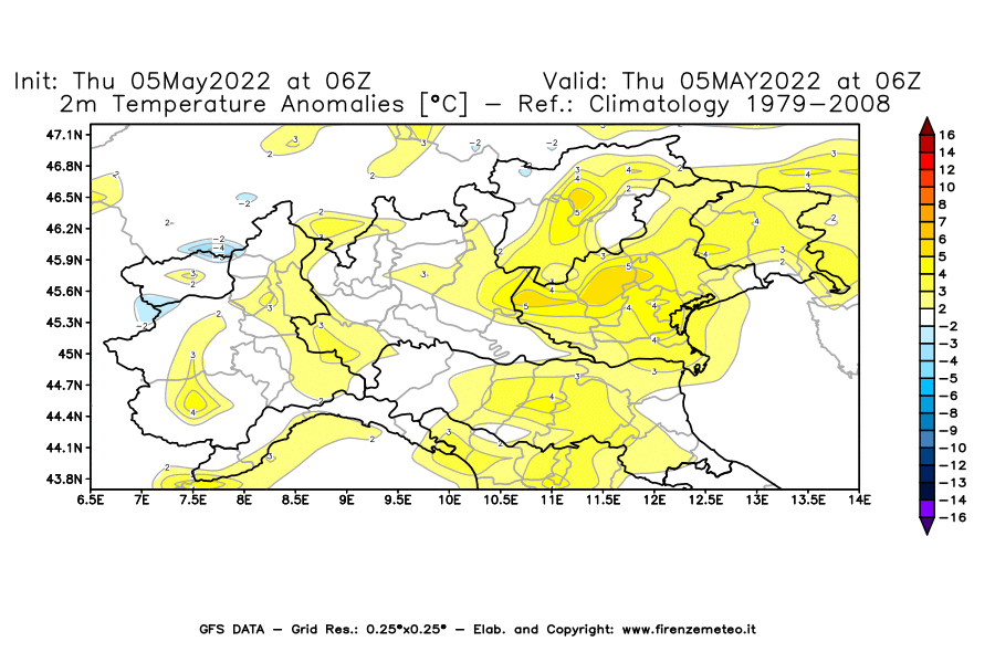 Mappa di analisi GFS - Anomalia Temperatura [°C] a 2 m in Nord-Italia
									del 05/05/2022 06 <!--googleoff: index-->UTC<!--googleon: index-->