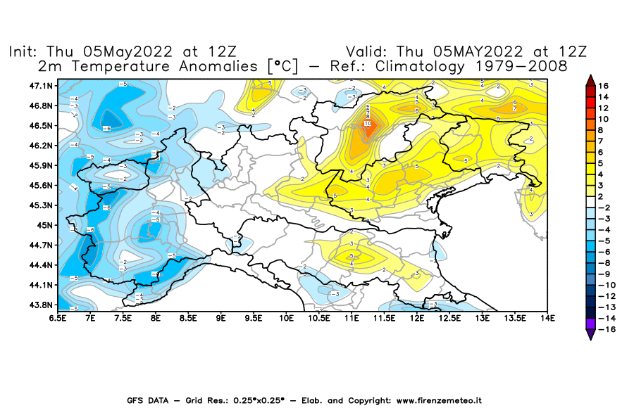 Mappa di analisi GFS - Anomalia Temperatura [°C] a 2 m in Nord-Italia
									del 05/05/2022 12 <!--googleoff: index-->UTC<!--googleon: index-->