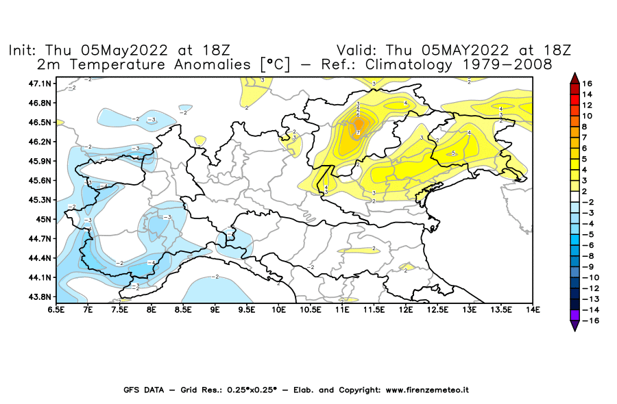 Mappa di analisi GFS - Anomalia Temperatura [°C] a 2 m in Nord-Italia
									del 05/05/2022 18 <!--googleoff: index-->UTC<!--googleon: index-->
