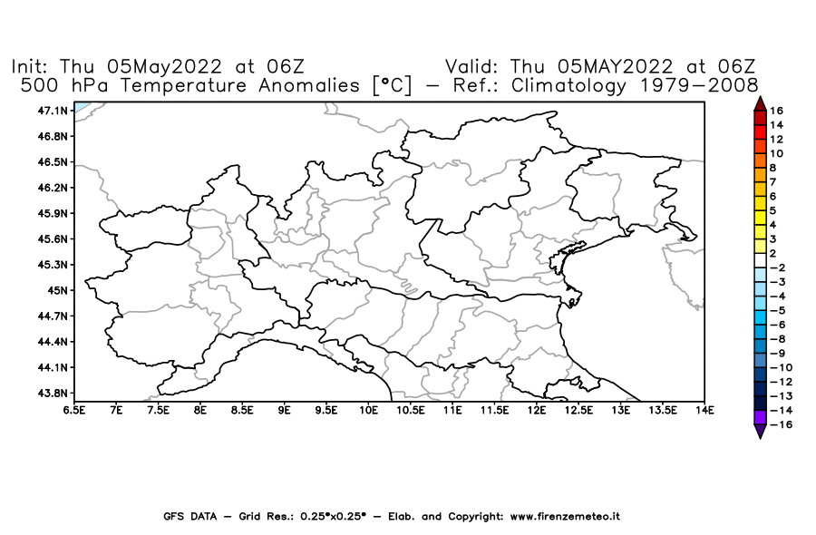 Mappa di analisi GFS - Anomalia Temperatura [°C] a 500 hPa in Nord-Italia
									del 05/05/2022 06 <!--googleoff: index-->UTC<!--googleon: index-->