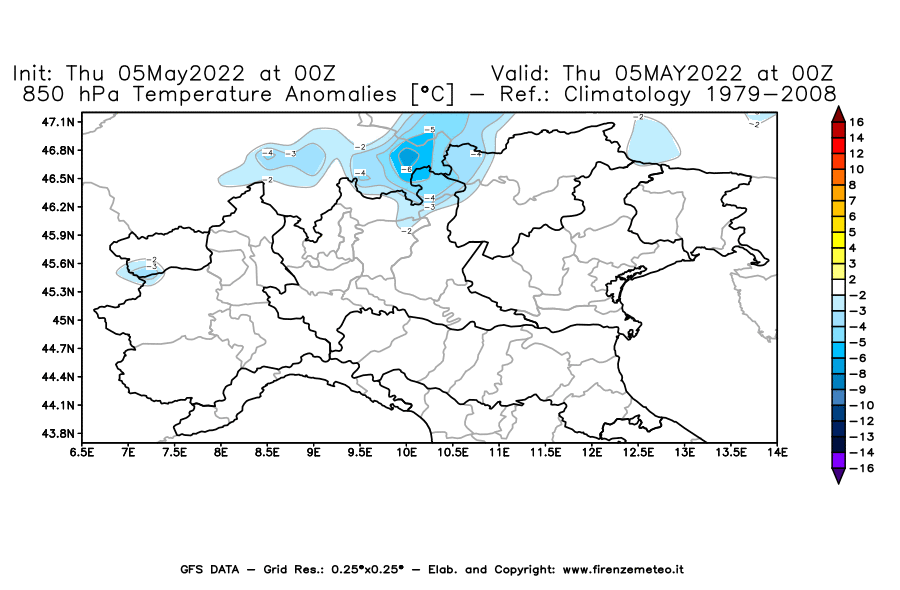 Mappa di analisi GFS - Anomalia Temperatura [°C] a 850 hPa in Nord-Italia
									del 05/05/2022 00 <!--googleoff: index-->UTC<!--googleon: index-->