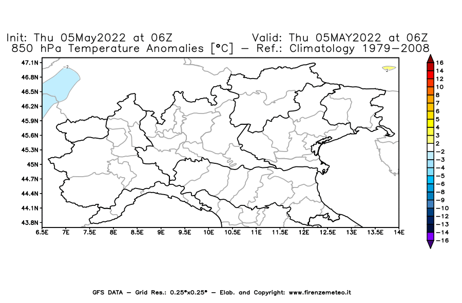 Mappa di analisi GFS - Anomalia Temperatura [°C] a 850 hPa in Nord-Italia
									del 05/05/2022 06 <!--googleoff: index-->UTC<!--googleon: index-->
