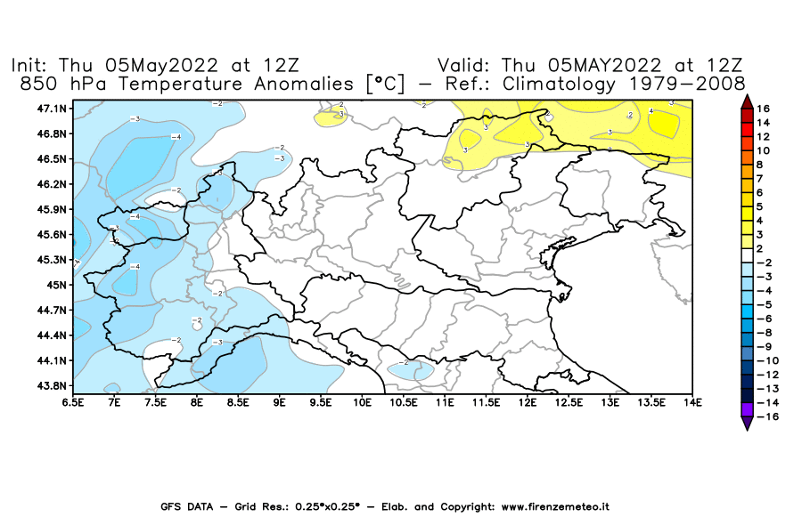 Mappa di analisi GFS - Anomalia Temperatura [°C] a 850 hPa in Nord-Italia
									del 05/05/2022 12 <!--googleoff: index-->UTC<!--googleon: index-->