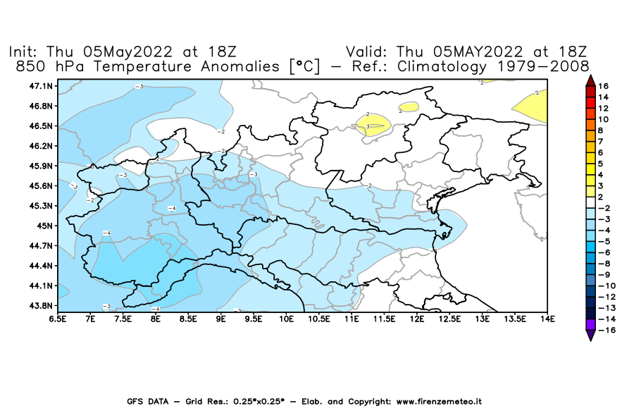 Mappa di analisi GFS - Anomalia Temperatura [°C] a 850 hPa in Nord-Italia
									del 05/05/2022 18 <!--googleoff: index-->UTC<!--googleon: index-->