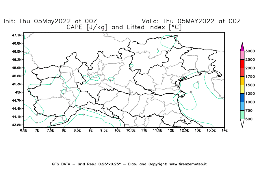 Mappa di analisi GFS - CAPE [J/kg] e Lifted Index [°C] in Nord-Italia
									del 05/05/2022 00 <!--googleoff: index-->UTC<!--googleon: index-->