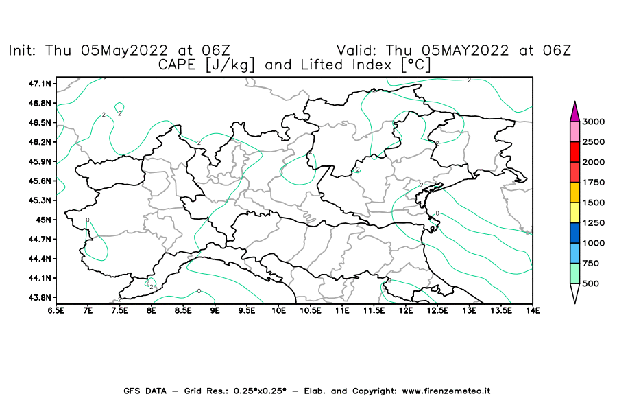 Mappa di analisi GFS - CAPE [J/kg] e Lifted Index [°C] in Nord-Italia
									del 05/05/2022 06 <!--googleoff: index-->UTC<!--googleon: index-->