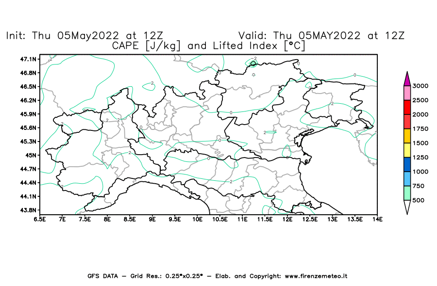 Mappa di analisi GFS - CAPE [J/kg] e Lifted Index [°C] in Nord-Italia
									del 05/05/2022 12 <!--googleoff: index-->UTC<!--googleon: index-->