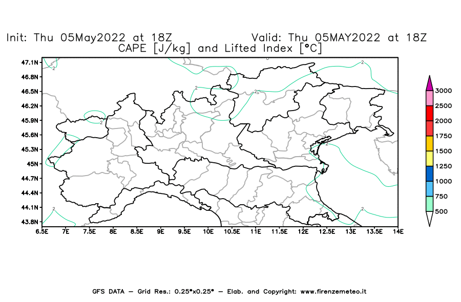 Mappa di analisi GFS - CAPE [J/kg] e Lifted Index [°C] in Nord-Italia
									del 05/05/2022 18 <!--googleoff: index-->UTC<!--googleon: index-->