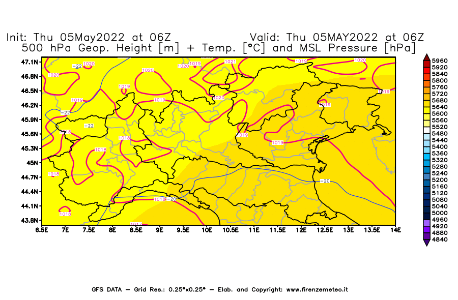 Mappa di analisi GFS - Geopotenziale [m] + Temp. [°C] a 500 hPa + Press. a livello del mare [hPa] in Nord-Italia
									del 05/05/2022 06 <!--googleoff: index-->UTC<!--googleon: index-->