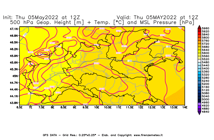 Mappa di analisi GFS - Geopotenziale [m] + Temp. [°C] a 500 hPa + Press. a livello del mare [hPa] in Nord-Italia
									del 05/05/2022 12 <!--googleoff: index-->UTC<!--googleon: index-->