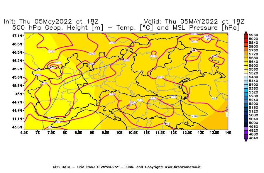 Mappa di analisi GFS - Geopotenziale [m] + Temp. [°C] a 500 hPa + Press. a livello del mare [hPa] in Nord-Italia
									del 05/05/2022 18 <!--googleoff: index-->UTC<!--googleon: index-->
