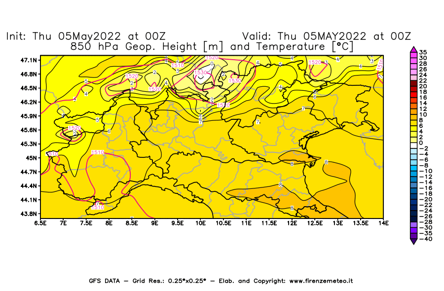 Mappa di analisi GFS - Geopotenziale [m] e Temperatura [°C] a 850 hPa in Nord-Italia
									del 05/05/2022 00 <!--googleoff: index-->UTC<!--googleon: index-->