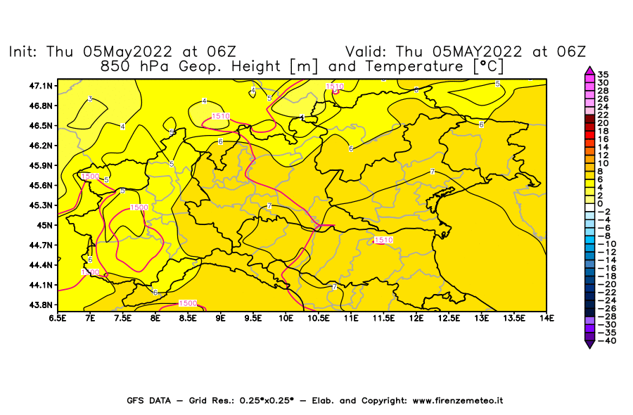 Mappa di analisi GFS - Geopotenziale [m] e Temperatura [°C] a 850 hPa in Nord-Italia
									del 05/05/2022 06 <!--googleoff: index-->UTC<!--googleon: index-->